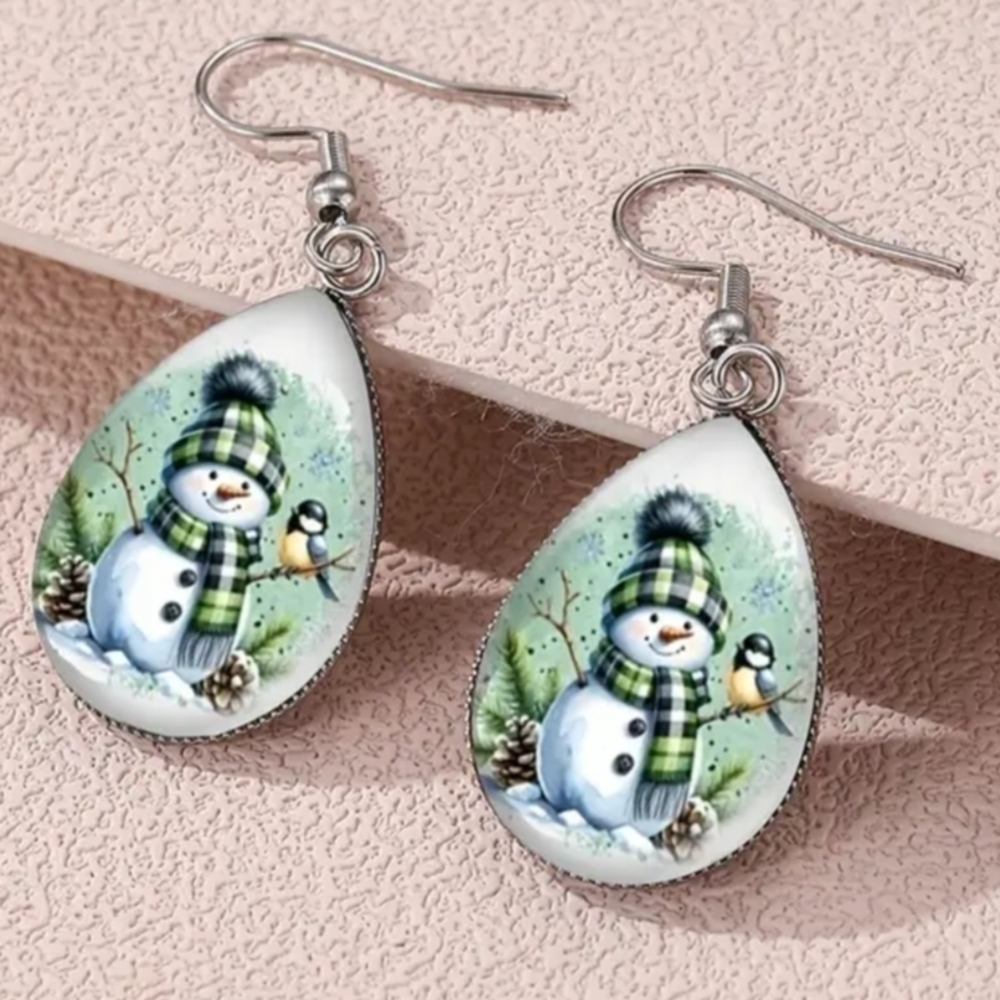 Snowman Bird Green Christmas‎ Holiday Festive Winter Teardrop Earrings